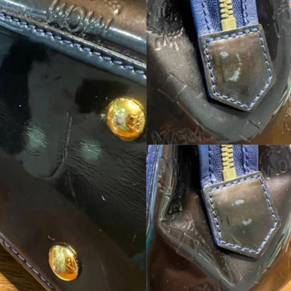 MCM Mini Boston Dark Green Navy Patent Leather Handbag